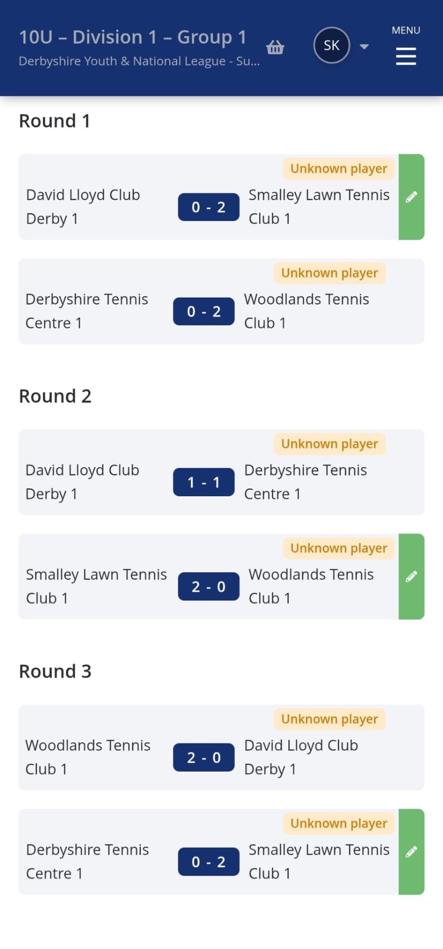 Round-by-round results for 10U Division 1 Group 1